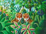 a painting of two tigers in the jungle surrounded by plants