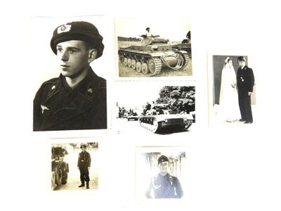 plusieurs photos en noir et blanc représentant un homme en uniforme et un char