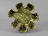 un gros plan d'un objet vert en forme de fleur posé sur une surface grise