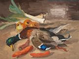 un tableau représentant des canards et des légumes posés par terre