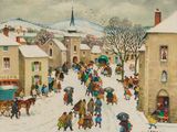 un tableau représentant des gens marchant dans la rue sous la neige