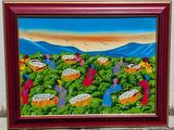 un tableau représentant un champ de fleurs avec des oiseaux dans le ciel