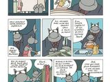 cartoon of a comic strip with a cat in a bed and a cat sitting on a bed