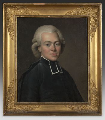 a painting of a man in a black coat and white hair