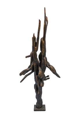 bronze sculpture of two birds perched on a branch on a white background