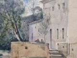 a watercolor painting of a building with a tree in front of it