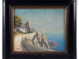 an oil painting of a beach scene with a boat on the shore