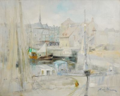 une peinture de bateaux dans un port avec des bâtiments à l'arrière-plan