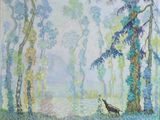 a painting of a bird standing in the middle of a forest