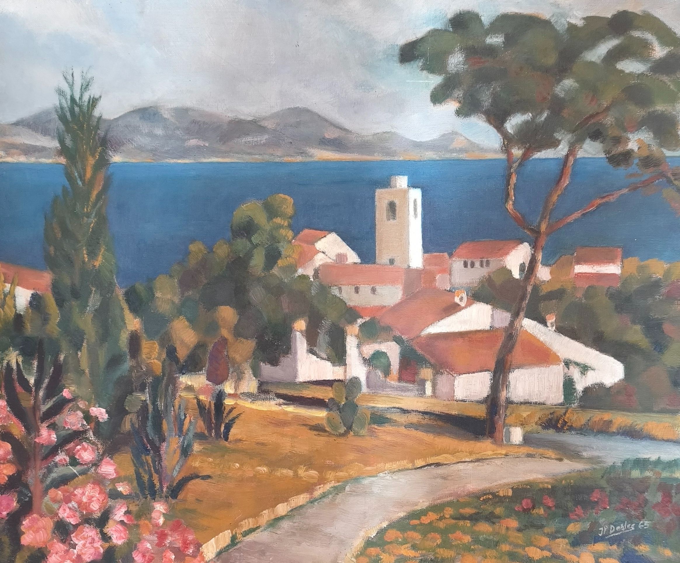 J. P. DESLEZ. Le village sur la mer. Huile sur toile signée en bas à droite et datée 1965. Haut. : 46 cm. Larg. : 55 cm.