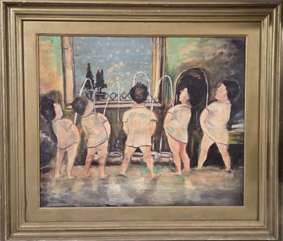 a painting of a group of children playing in a room