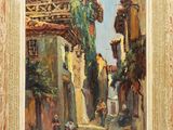 une peinture à l'huile représentant une scène de rue avec des bâtiments et des personnages