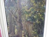 a picture of a painting of a wooded area with trees
