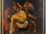 an oil painting of a man laying on a bed with other people around him