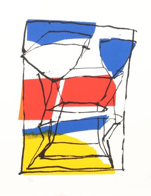 an image of a drawing of a red, white, blue and yellow chair