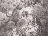 un vieux dessin représentant une femme agenouillée devant un dragon