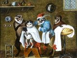 une image représentant un tableau montrant un groupe de singes dans une cuisine