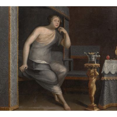 tableau représentant une femme assise sur une chaise près d'une table sur laquelle se trouve un verre de vin