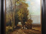 an oil painting of a man with a horse and cart on a dirt road