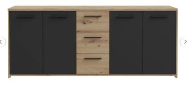 un buffet en chêne et noir, avec trois tiroirs et deux portes