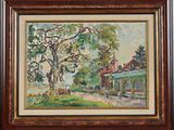 an image of a painting of a house and a tree in a field