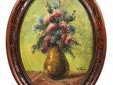 une peinture à l'huile représentant un vase de fleurs sur une table