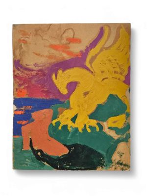 an image of a painting of a bird and a man on a boat