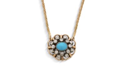 Pendentif “fleur” Cabochon de turquoise et diamants taille h…
