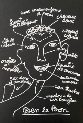 dessin en noir et blanc représentant le visage d'un homme sur lequel sont inscrits des mots
