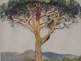 tableau représentant un arbre dans un champ, avec des montagnes en arrière-plan