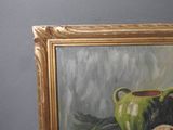 a painting of a green vase on a table next to a bowl of fruit