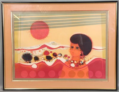 tableau représentant une femme en robe rouge avec un soleil en arrière-plan