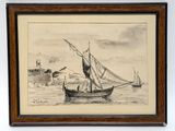 drawing of a boat in a body of water with a lighthouse in the background