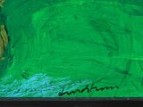 a painting of a green field with trees in the background