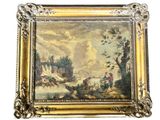 an image of a painting of a river scene with a man on a boat
