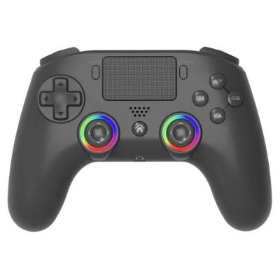 un gros plan d'une manette noire sur fond blanc