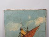 a painting of a boat in the water with a sky background