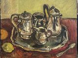 a painting of a silver plate with silverware on it