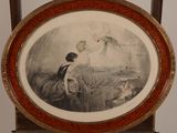 a picture of a woman sitting on a bed with an umbrella
