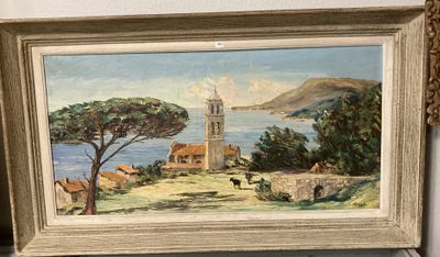 une photo d'un tableau représentant un village au bord de l'eau