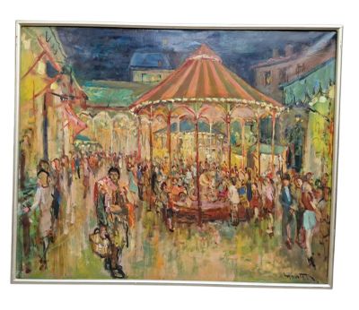 tableau représentant un carrousel de nuit, avec des gens qui se promènent autour