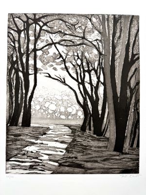 dessin en noir et blanc représentant un sentier dans un parc bordé d'arbres