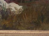 a painting of a woman laying on a bed in a field