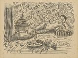 dessin représentant une femme nue allongée sur un lit à côté d'une cage à oiseaux