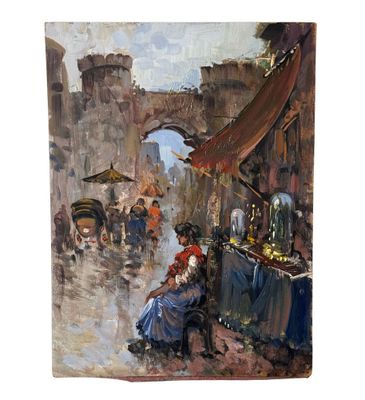 une peinture à l'huile représentant une femme assise sur un banc devant un marché