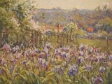 a painting of a field of flowers with a house in the background