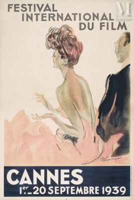 une image représentant l'affiche d'un festival de cinéma, sur laquelle figurent une femme en robe rose et un homme en smoking