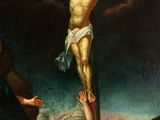 a painting of jesus on the cross with other people