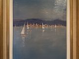 an oil painting of sailboats in the water with a city in the background