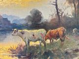 painting of cows by a river at sunset with a castle in the background